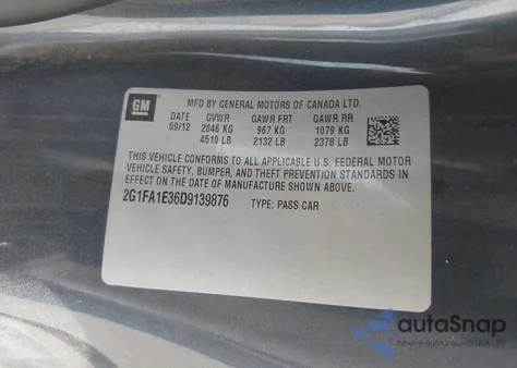 2013 Chevrolet Camaro 2Ls z USA, uszkodzony, nr VIN 2G1FA1E36D9139876